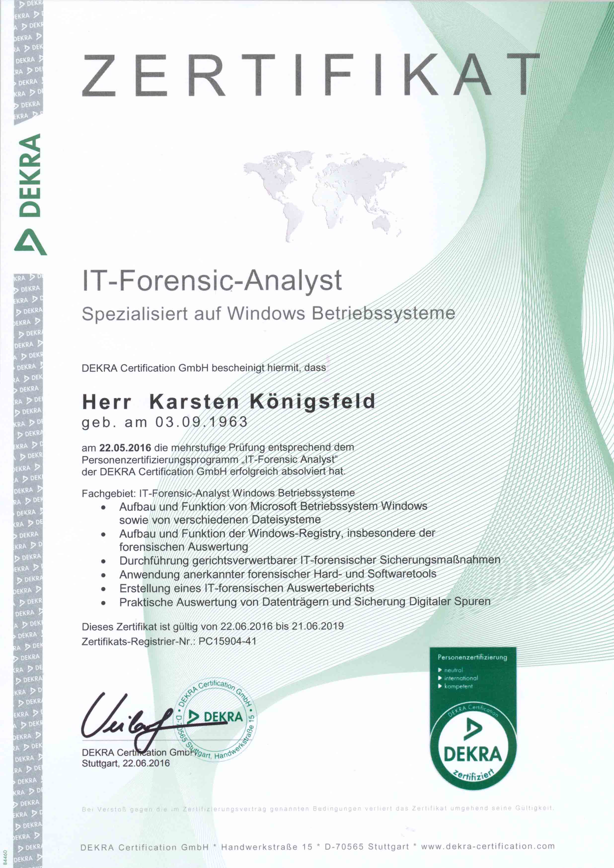 IT Forensic Analyst Karsten Koenigsfeld Zertifikat
