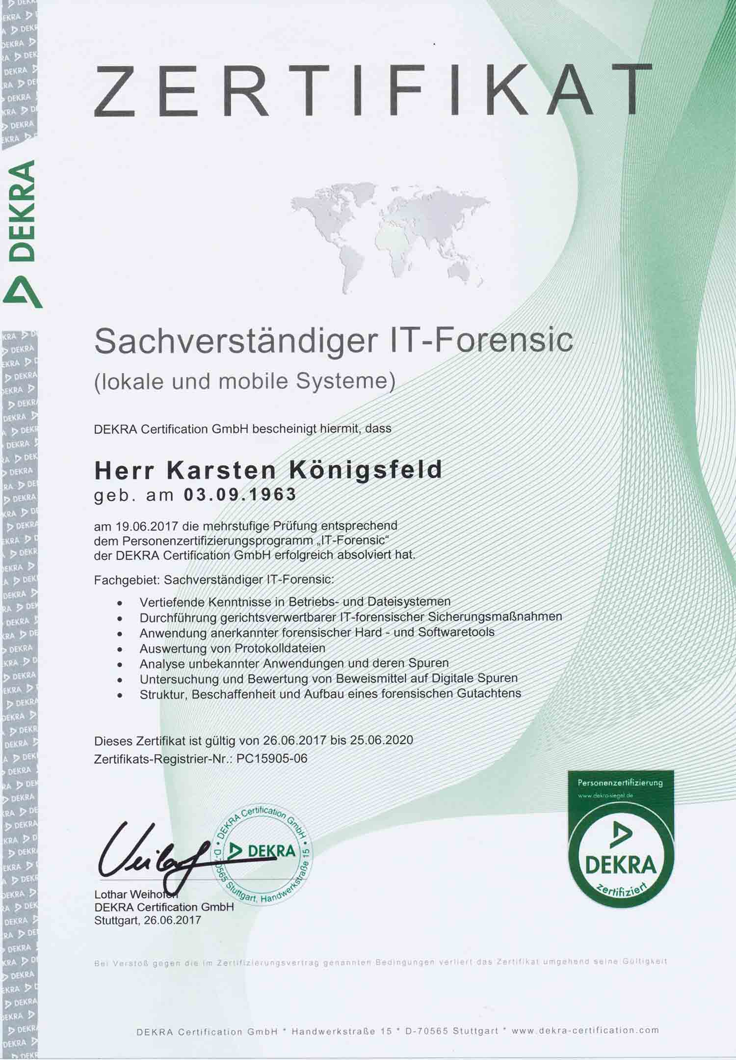 Sachverstaendiger IT Forensic Dekra zertifiziert Karsten Koenigsfeld DV Kontor web